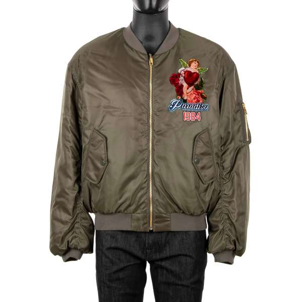 Padded reversible Oversize bomber jacket "Paradise" with embroidered angel applic in khaki-green and orange by DOLCE & GABBANA