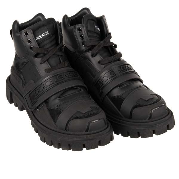 Padded Leather HI Trekking Women Boots with DG logo in front in black by DOLCE & GABBANA