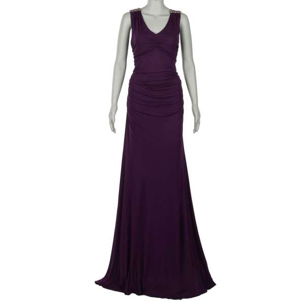  Long evening dress with rhinestones embroidered shoulders in purple by ROBERTO CAVALLI