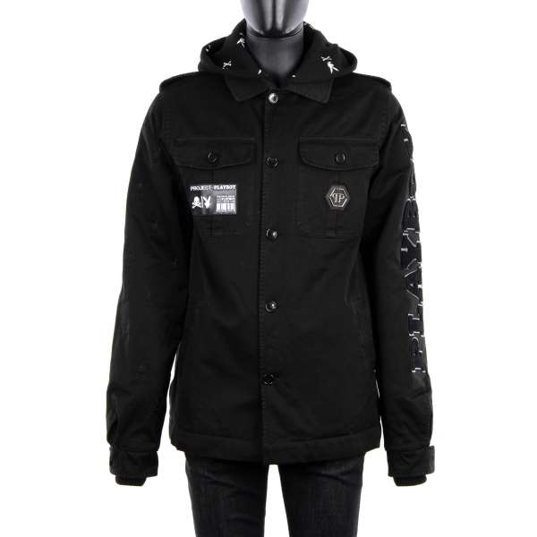 Padded Military style parka jacket with separate removable hoody with embroidery and Philipp Plein Playboy Logotypes and Embroidery by PHILIPP PLEIN x PLAYBOY