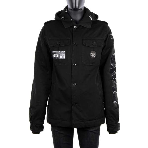 Gefütterte Parka Jacke im Military Stil mit herausnehmbarer Kapuze mit Stickerei und Philipp Plein Playboy Logos und Stickereien von PHILIPP PLEIN x PLAYBOY