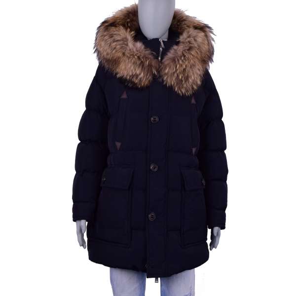 Long Real Down Parka Jacket CATEN BROTHERS with fur hood in black by DSQUARED2