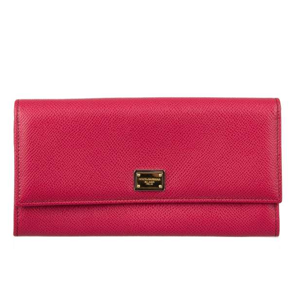 Dauphine Leather long wallet with snap button closure and logo plate in pink by DOLCE & GABBANA