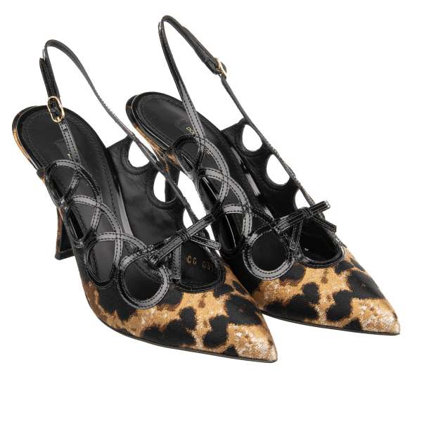 Pointed Leopard Decollete Jacquard and Leather Slingbacks Pumps LORI in black and brown with bow by DOLCE & GABBANA