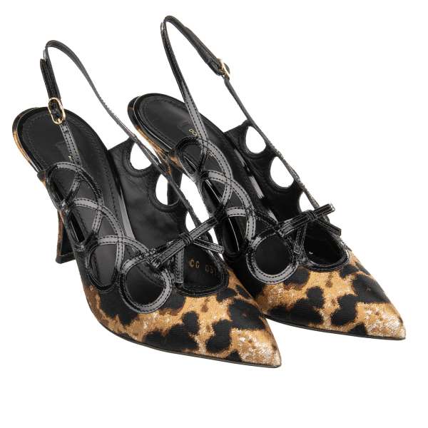 Spitzform Decollete Slingbacks Pumps LORI aus Leopard Jacquard in Schwarz mit dekorativen Komponenten von DOLCE & GABBANA