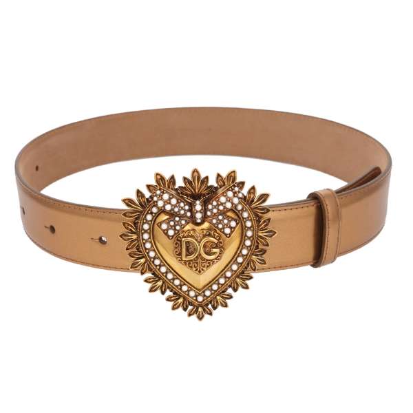 DEVOTION leather Belt embellished with Pearl Metal Heart in gold by DOLCE & GABBANA 