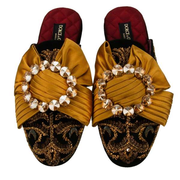 Suede leather slipper shoes MARCELLO with crystal brooch silk bow and pearl crystal embroidery in black and gold by DOLCE & GABBANA