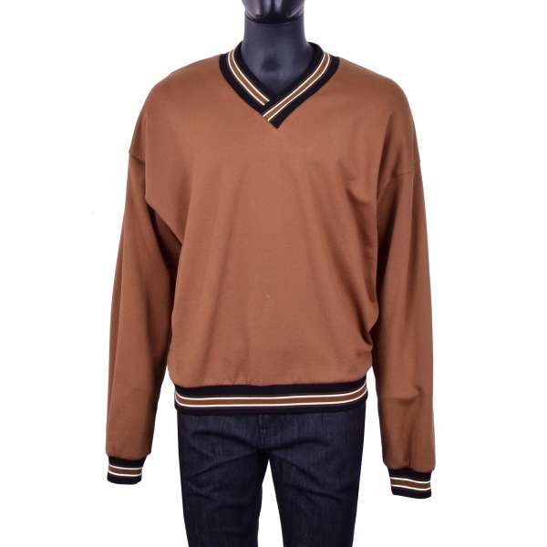 Wide Cut V-Neck Cotton Sweater / Sweatshirt with contrast lines in brown and black by DOLCE & GABBANA Black Line