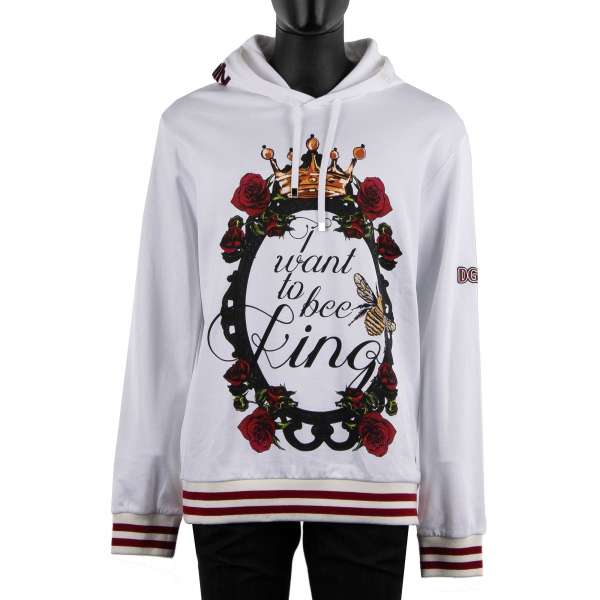 Hoody / Sweatshirt with "I want to be King" , Crown, Roses, Bee Print and DG Family hashtag embroidery on the hood in white by DOLCE & GABBANA Black Line
