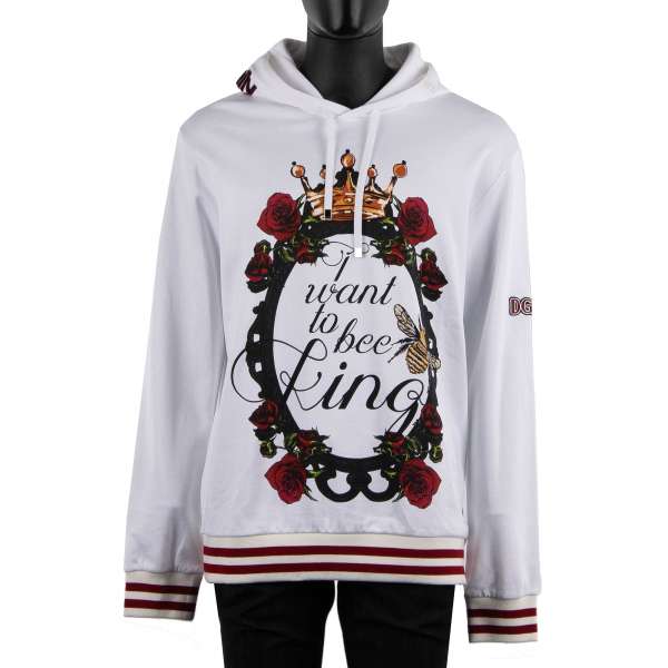 Hoody / Sweatshirt mit "I want to be King" Krone, Rosen und Bienen Print und DG Family Stickerei an Kapuze von DOLCE & GABBANA Black Label