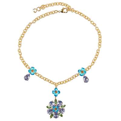 Crystal Flower Necklace Chocker Blue Gold