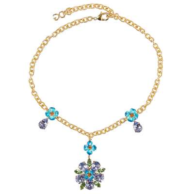 Kristallen Blume Kette Chocker Blau Gold 