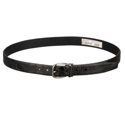 Silver Metal Buckle Croco Leather Belt Black 95 38