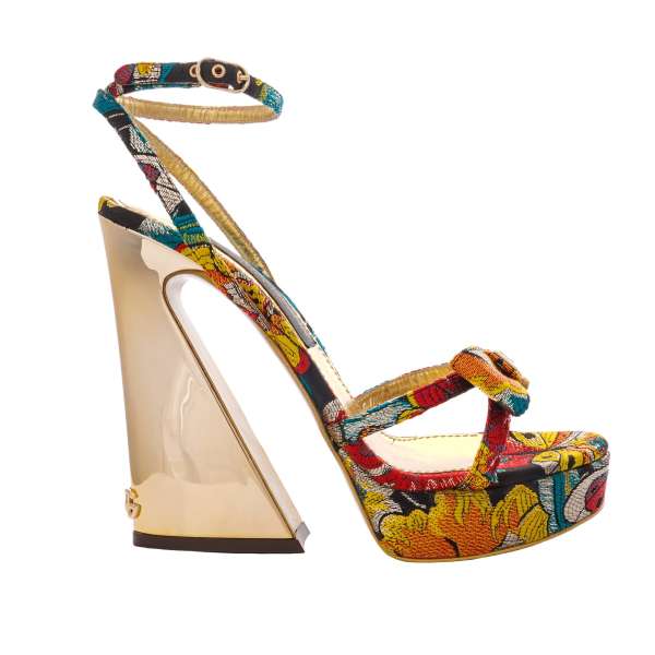 Floral Jacquard Plateau Leather Sandals KEIRA with DG Logo ribbon and golden heel by DOLCE & GABBANA