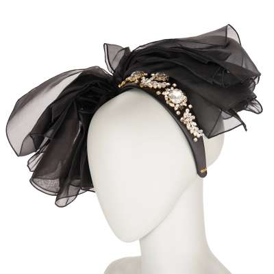 Silk Bow Crystal Brooch Hairband Headband Tiara Black