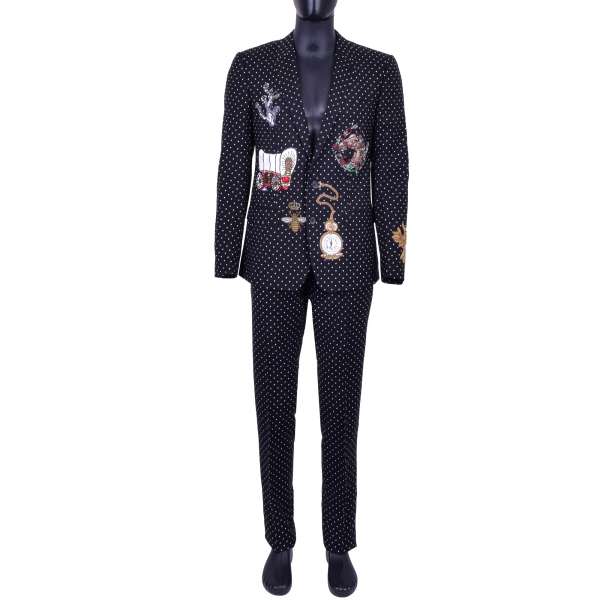 Virgin Wool suit with Polka Dot print and different crystals and copper embroidery by DOLCE & GABBANA Black Line