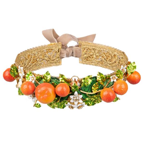 Filigree Headband with crystals, flowers, oranges, silk embroidered leaves and velvet ribbons in gold, green and orange by DOLCE & GABBANA