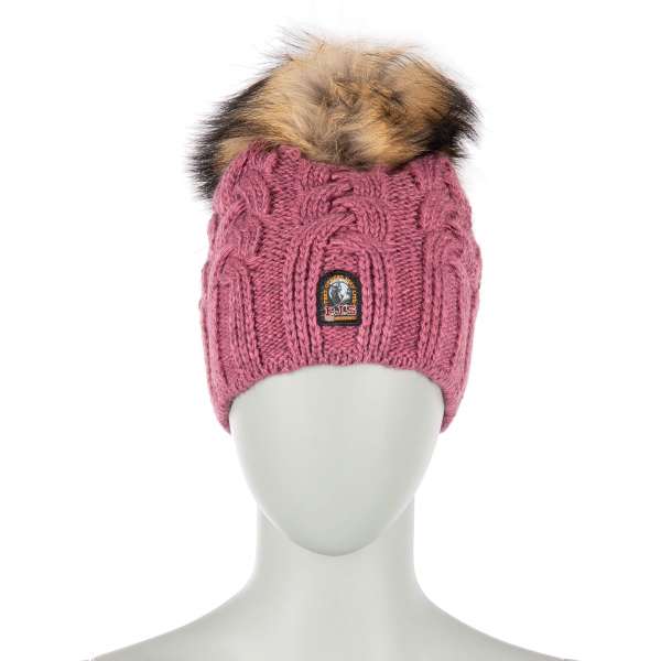 Lined Unisex Cable Hat with detachable real fur pompom and PJS patch in Maroon Pink by PARAJUMPERS