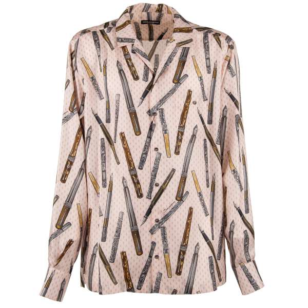Silk shirt with baroque feather pen print and front pocket in pink by DOLCE & GABBANA