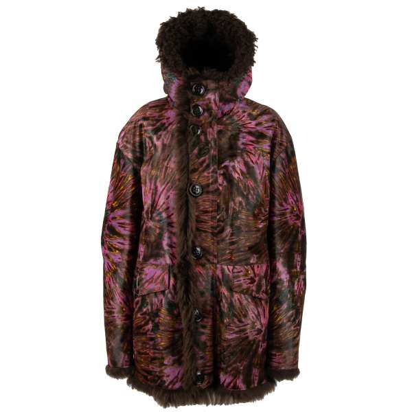 Calf leather and lamb fur Jacket / Parka with multicolor pattern in brown, blue and pink by DSQUARED2