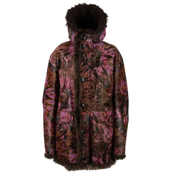 Jacke / Parka aus Leder und Pelz mit mehrfarbigen Muster in Braun, Pink und Lila von DSQUARED