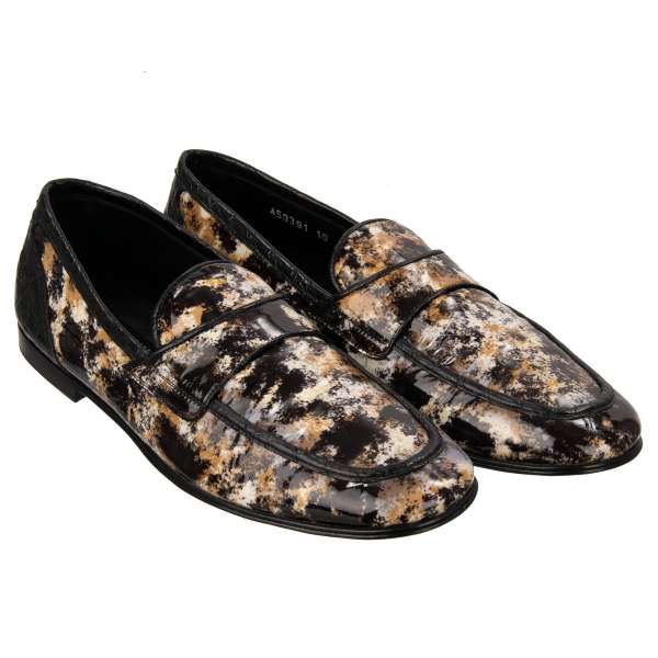 Exklusive Loafer Schuhe ARIOSTO aus Krokodil und Lammleder mit Marmor Print in Schwarz und Braun von DOLCE & GABBANA