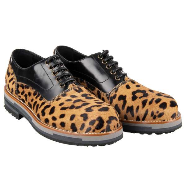 Stabile Derby Schuhe BAGHERIA aus Fell und Glattleder mit Leopard Print und massiver Sohle von DOLCE & GABBANA