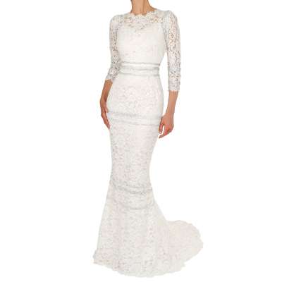 Crystal Embroidery Floral Lace Train Maxi Wedding Dress White 40 XS S