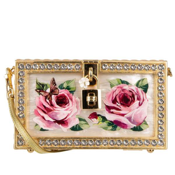Unique hand painted, baroque style clutch bag DOCE BOX made of wood with roses painting, crystals and decorative padlock by DOLCE & GABBANA