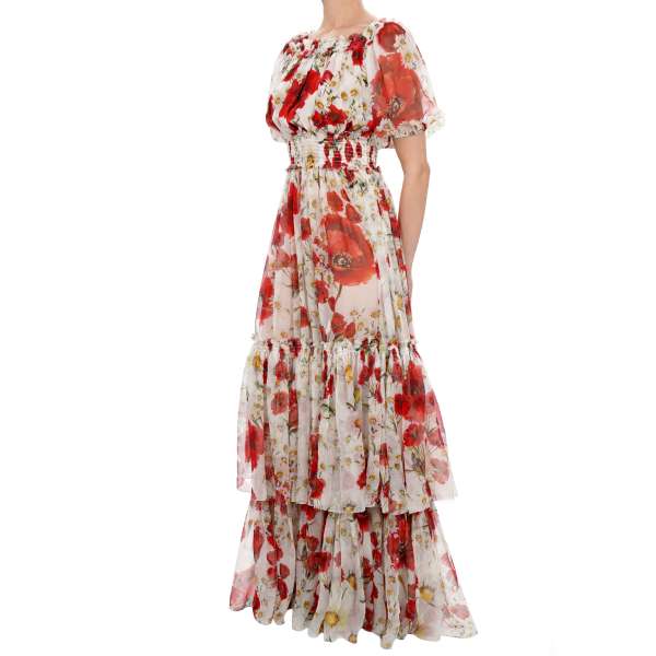 Poppy ans chamomile print layers maxi silk dress in red and white by DOLCE & GABBANA