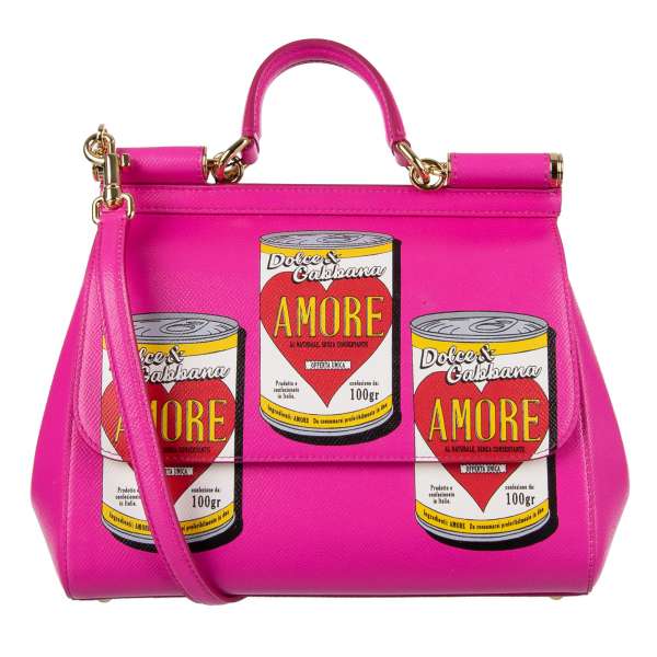 Printed Dauphine Leather Tote / Shoulder Bag SICILY with AMORE Cans Print and metal logo plate by DOLCE & GABBANA