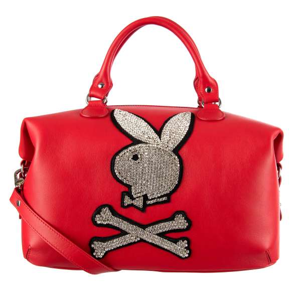 Schultertashe / Handle Bag aus Leder mit abnehmbaren Schulterriemen,  großem Plein Playboy Logo aus Strass und Logo Schild aus Metall von PHILIPP PLEIN x PLAYBOY