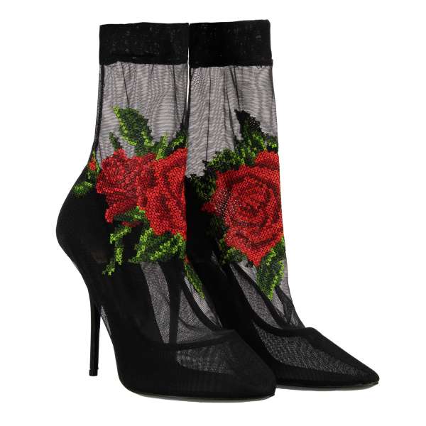 Tulle Pumps COCO covered with rose embroidery in red and black by DOLCE & GABBANA