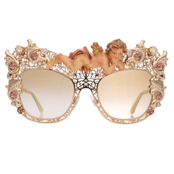 Limited Edition of 25 Pieces Filigree Sunglasses DG 2219 with baroque angel and crystals in pink and gold by DOLCE & GABBANA