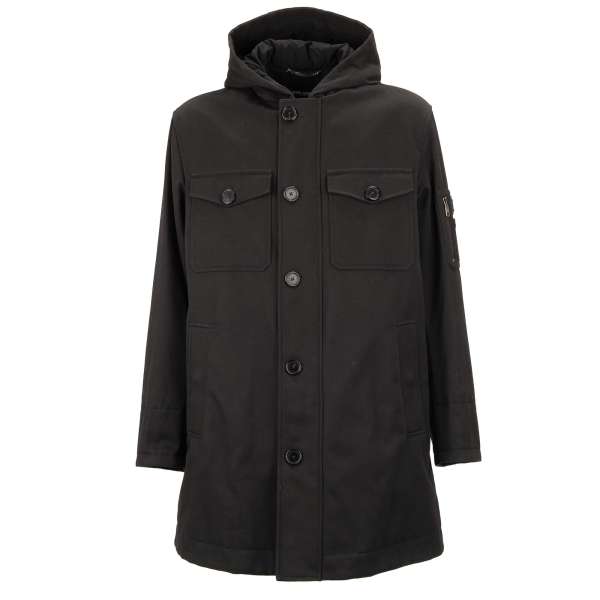 Classic hooded and padded Parka Jacket with logo plate and front pockets by DOLCE & GABBANA