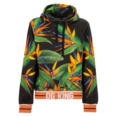 Cotton Hoodie Sweater with Tropical Print Black Orange Green 46 S