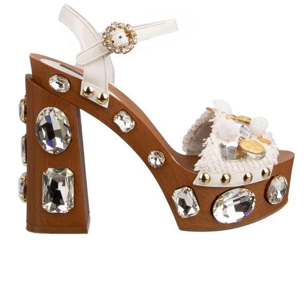 Wood, leather and raffia Sandals ARAGONA with crystals, pom poms and Maria brass pendants in white by DOLCE & GABBANA