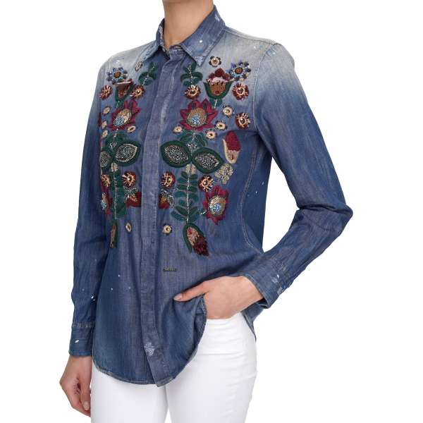 Jeans / Denim Shirt with hand made flowers and pearls embroidery in blue by DSQUARED2