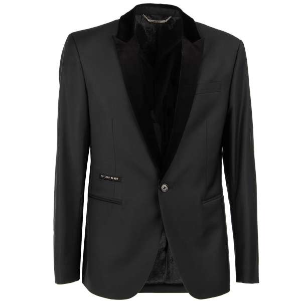 Blazer STRASS SKULL mit großer Totenkopf Applikation am Rücken, Revers aus Samt und Logo vorne von PHILIPP PLEIN