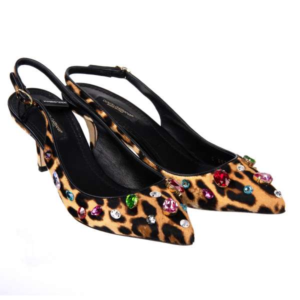 Calf fur Slingback Pumps BELLUCCI embellished with multicolored crystals in leopard print by DOLCE & GABBANA Black Label