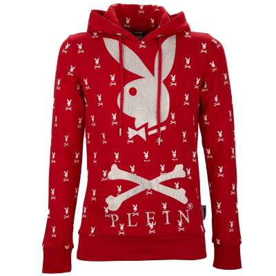 Bunny Printed Hoodie with Crystals and Logo Red White