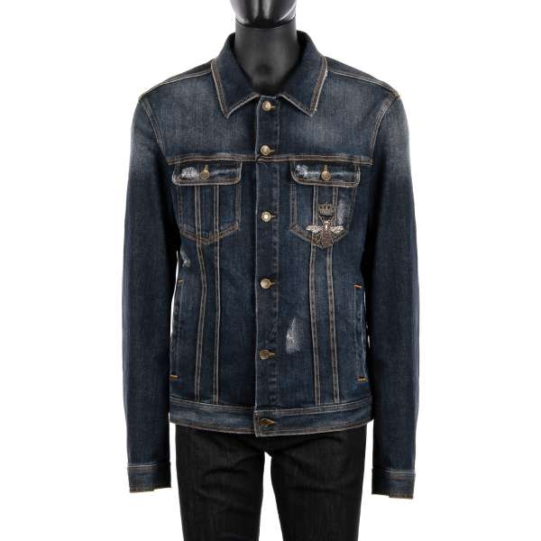 Distressed design denim jacket / Jeans jacket with bee and crown metal thread embroidery by DOLCE & GABBANA