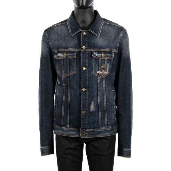 Denim Jacke / Jeansjacke im Distressed Design mit Biene und Krone Stickerei aus Metallfasern von DOLCE & GABBANA