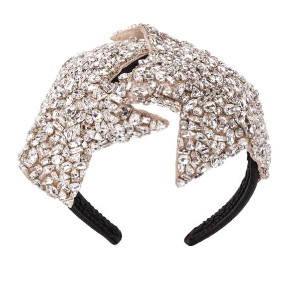 Silk Hairband embelished with hand embroidered crystals star in black and silver by DOLCE & GABBANA