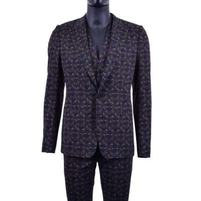 3-Pieces Bee Crown Printed Wool Suit Blue Gold 50 M-L