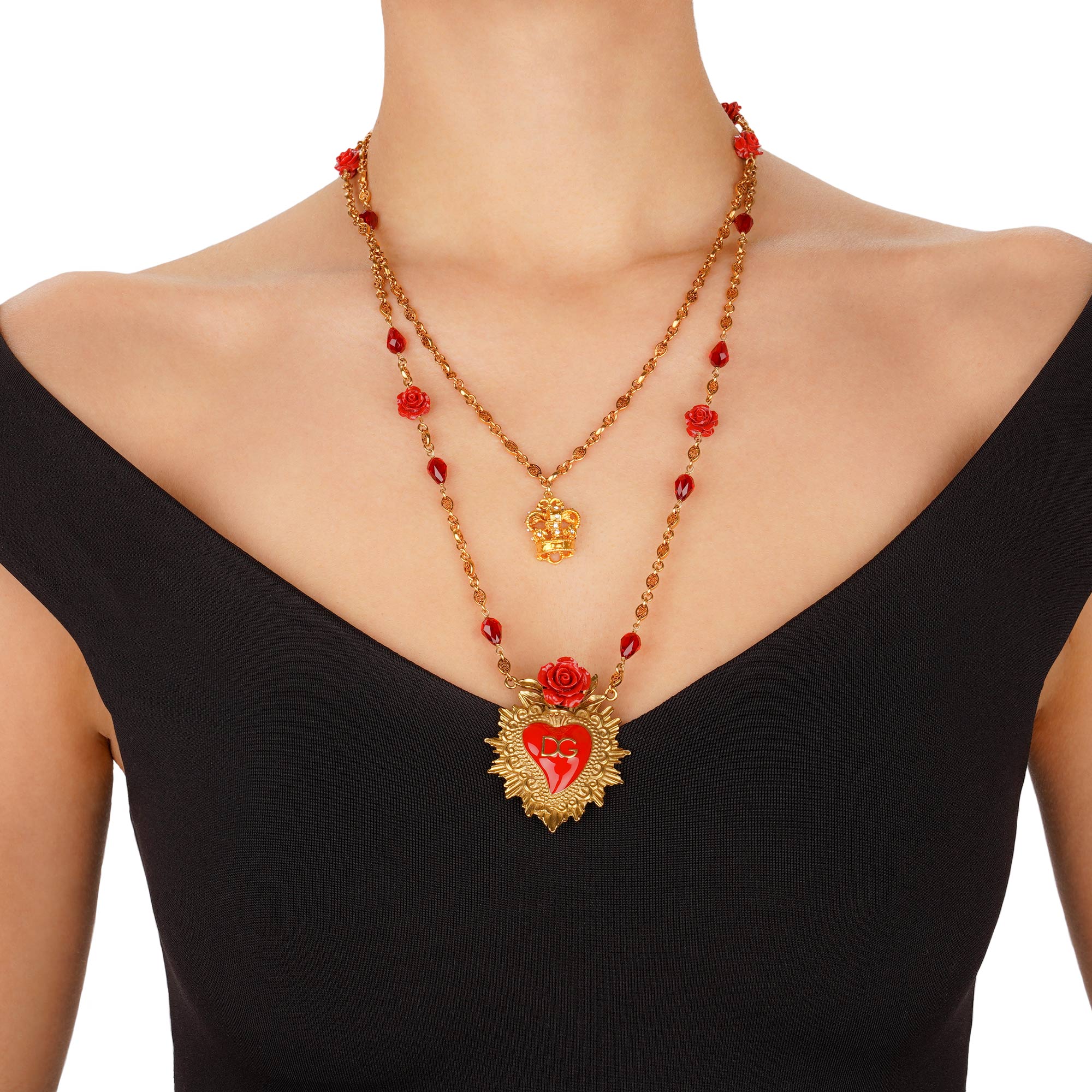 Dolce & Gabbana Crystal Sacred Heart Rose Crown Chain Necklace Gold Red |  FASHION ROOMS