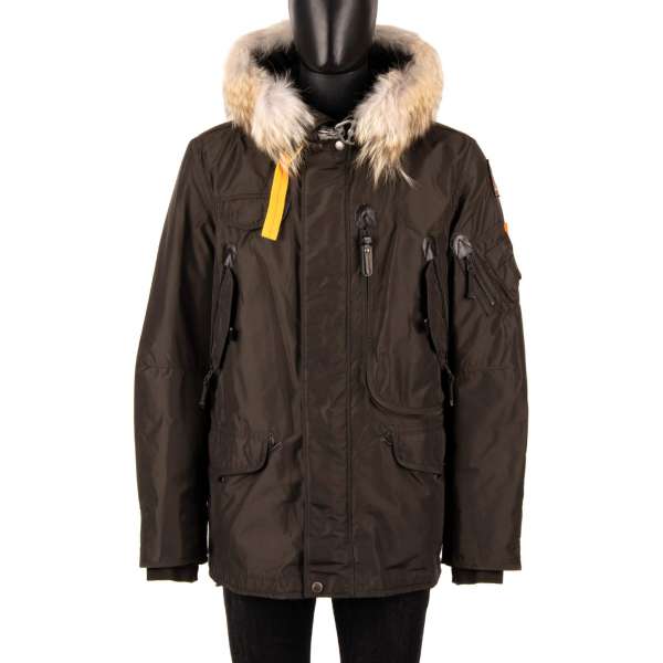 Parka / Down Jacket RIGHT HAND with a detachable real fur trim, hoody, many pockets and a removable down-filled lining in Rush / Dark Green