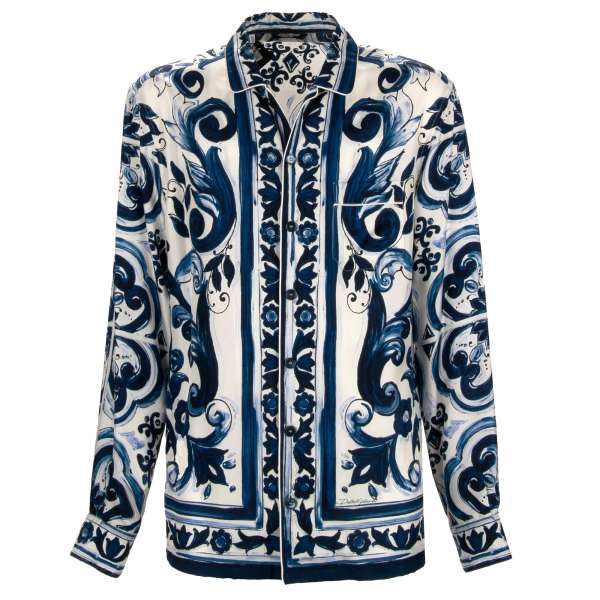 Silk shirt with Majoilca print and front pocket in white and blue by DOLCE & GABBANA