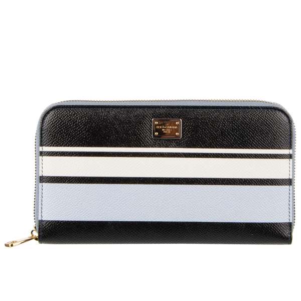 Striped Zip-Around wallet with logo plate made of dauphine leather in blue and white by DOLCE & GABBANA