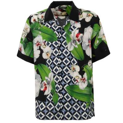 Orchid Flower Short Sleeve Shirt Black Blue Green 40 M L